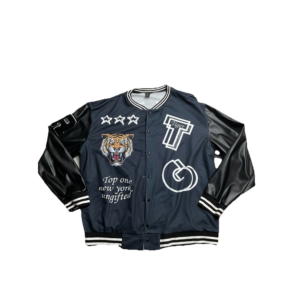 SHEIN Men's Varsity Jacket XL Black Tiger Patch Faux Leather Sleeves Bomber Coat